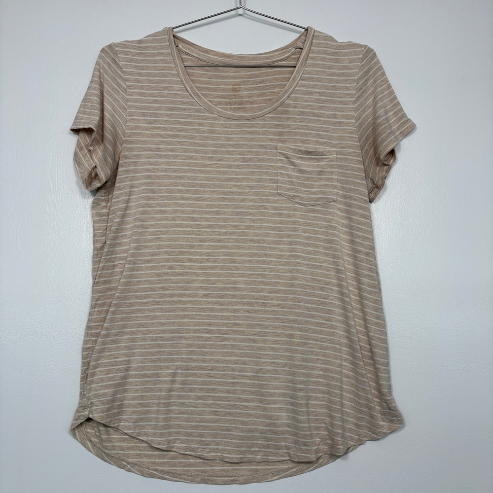 Kindred Bravely Women T-Shirt L Tan Striped Nursing Short Sleeve Pocket Scoop